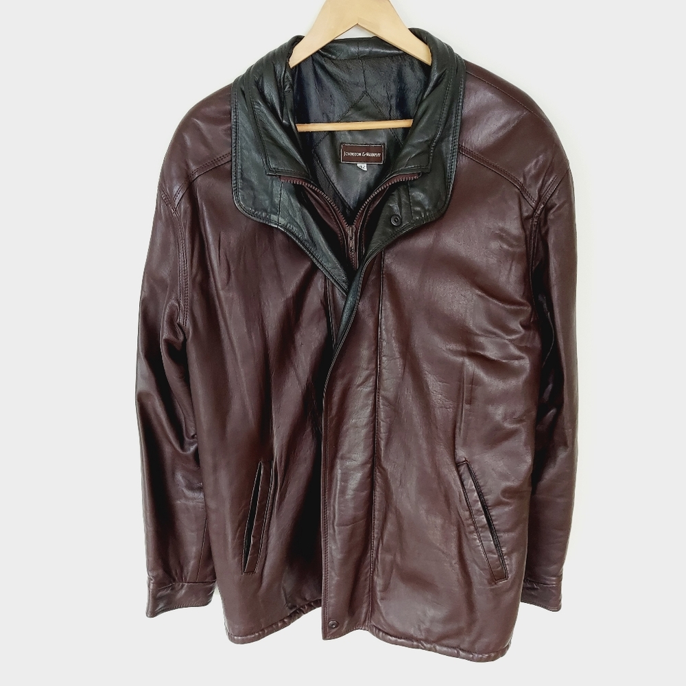 Johnson & Murphy Men's Leather Jacket Brown w/Forest Green Collar/Lining Size 42
